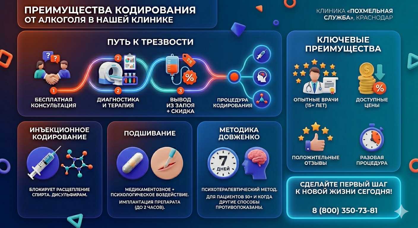 Инфографика о методах кодирования от алкоголя в Пересвете: инъекции, подшивание, метод Довженко. Преимущества клиники и этапы лечения.